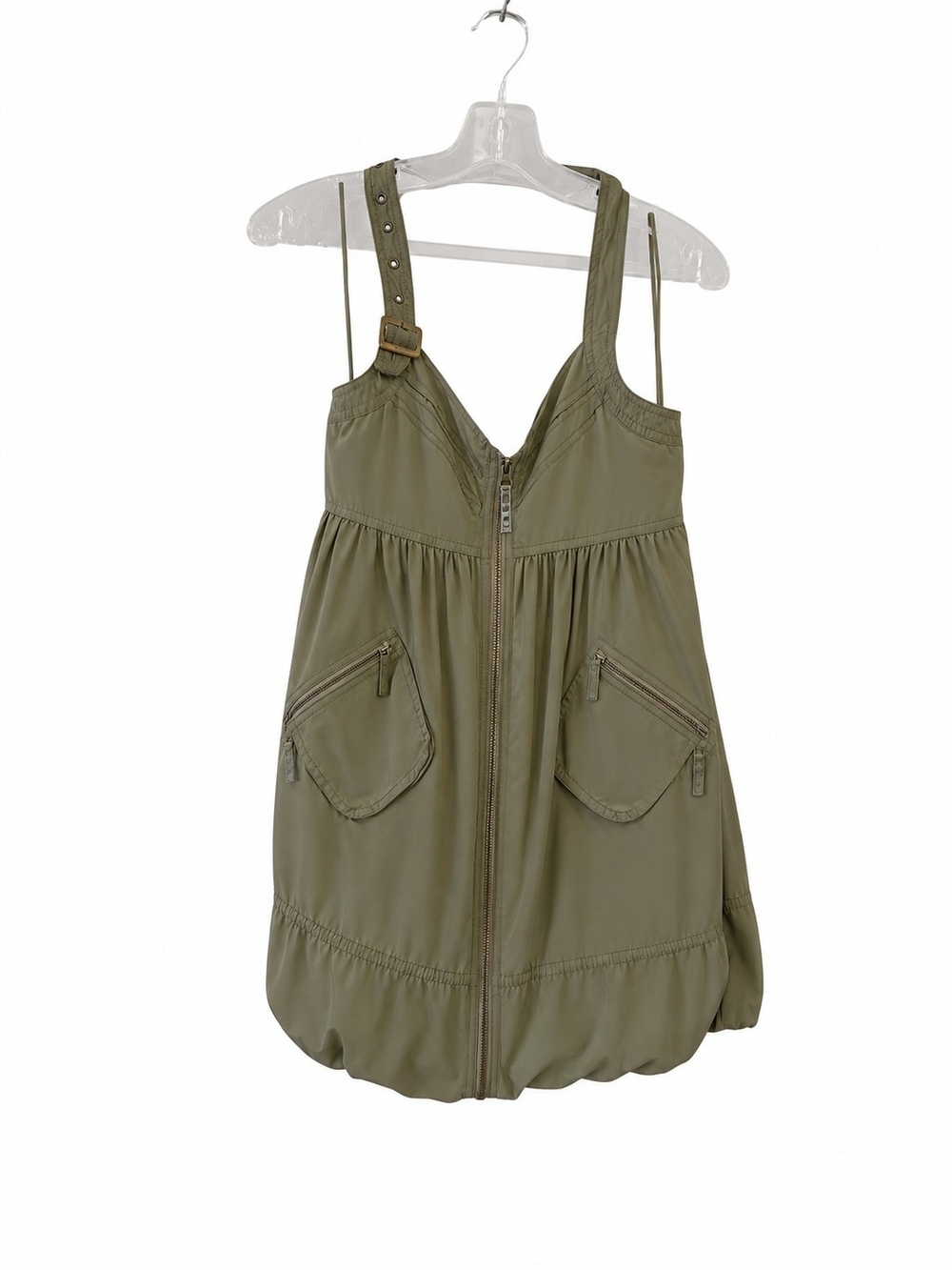 Rock & Roll Denim Olive Halter Zip-Front Bubble Dress - Picture 3 of 8